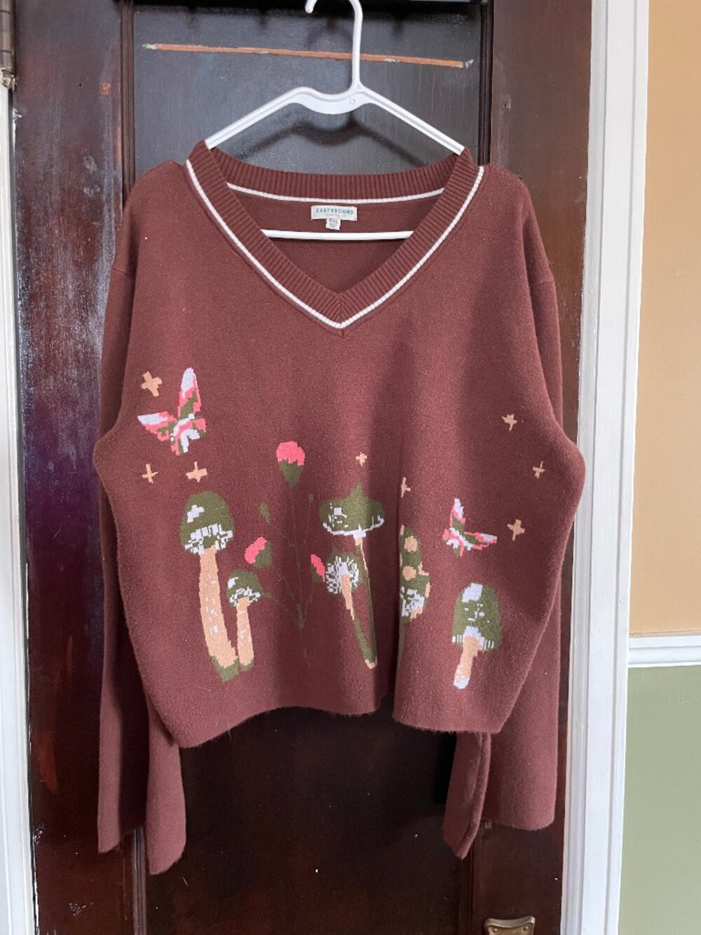 Butterflies and mushrooms knitted v-neck sweater